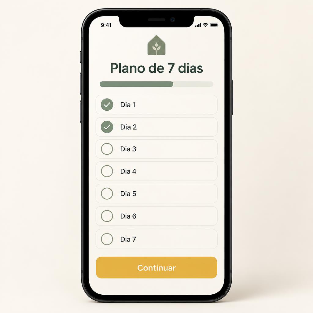 Celular mostrando o plano de 7 dias com progresso salvo